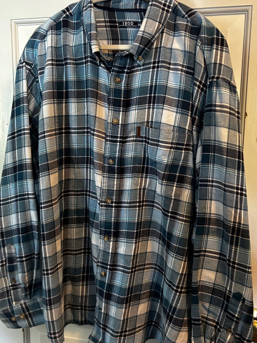 Izod Men's Teal and White Plaid Button-Down Shirt 2XL
